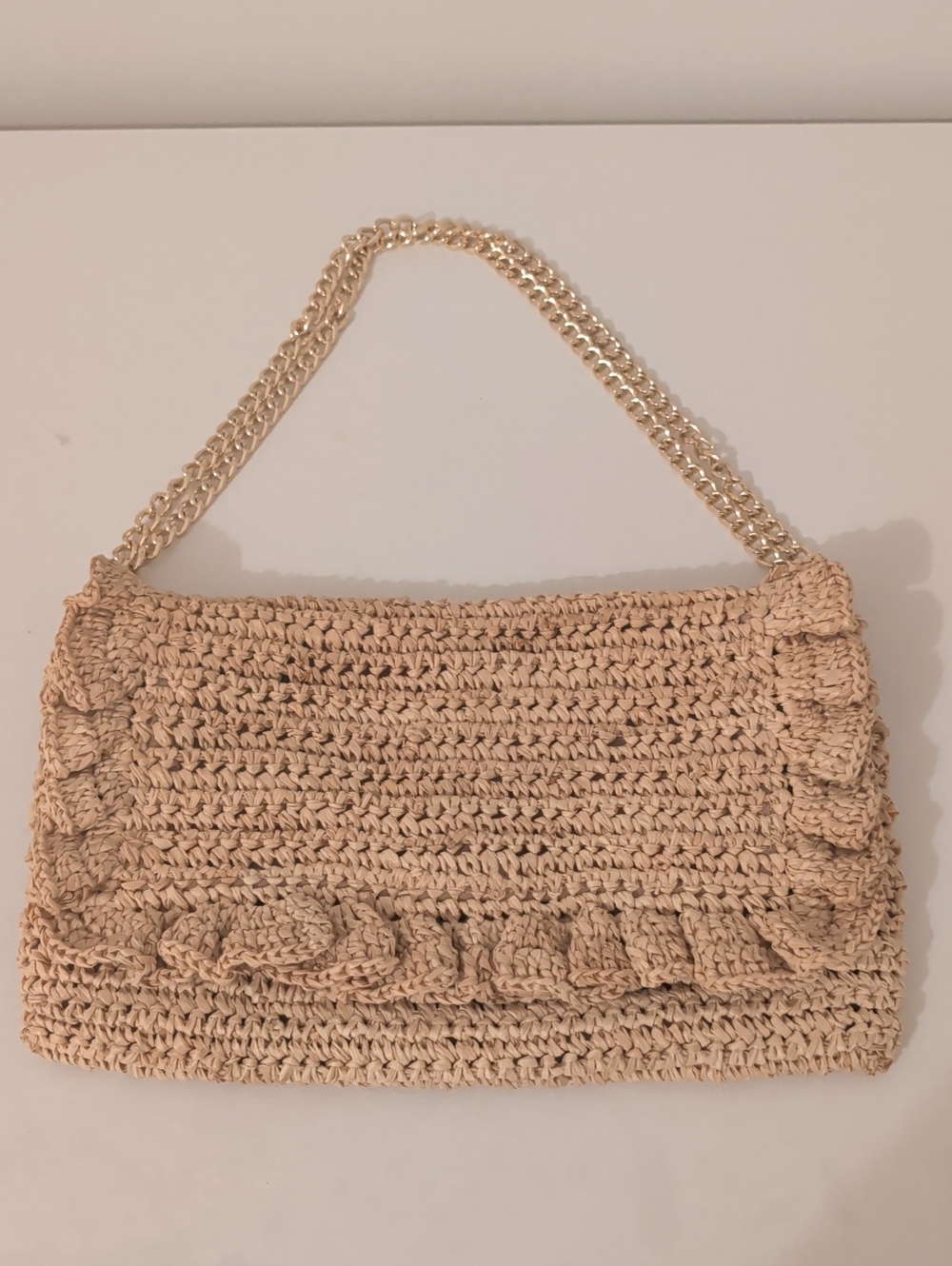 Laggo Ruffle Straw Bag With Gold Chain